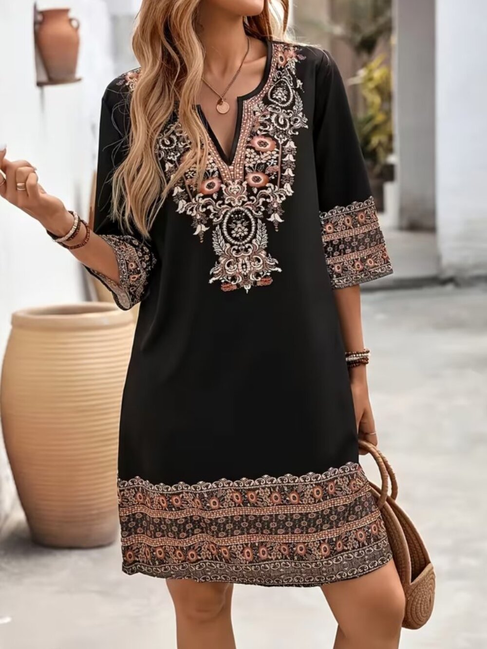 NWT Vintage Boho Embroidered Kaftan Tunic Dress V Neck Black Plus Size 18